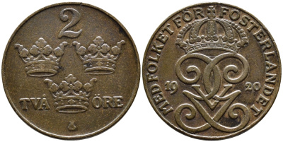 Швеция 2 эре 1920 Густав V (1907-1950) KM 778 бронза 80-521