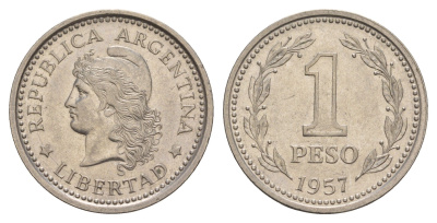 Аргентина 1 песо 1957 KM 57 сталь плакированная никелем 4656-1135