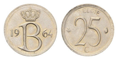 Бельгия 25 сантимов 1964 Belgie, Бодуэн I (1951-1993) KM 154.1 медно-никель UNC 4685-619