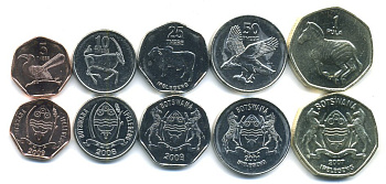 Ботсвана лот из 5 монет 2007-2009 (5, 10, 25, 50 нгвее, 1 пула), животные UNC N1-33