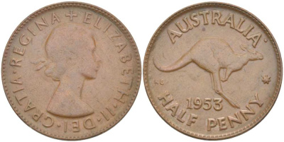 АВСТРАЛИЯ 1/2 ПЕННИ 1953 p, ЕЛИЗАВЕТА II (1953-), КЕНГУРУ KM 49 бронза 4514-835