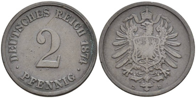 ГЕРМАНИЯ 2 ПФЕННИГА 1874 D, СТАРОГЕРБОВКА, РЕДКАЯ KM 2, Jager 2, Weege 3 медь 4546-534
