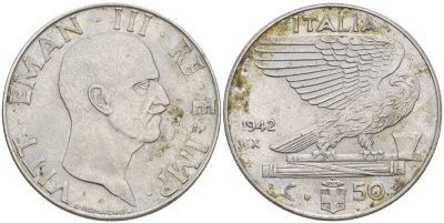 Италия 50 чентезимо 1942 R, Виктор Эммануил III (1900-1946), XX год KM 76b, VEM3. 1064 нержавеющая сталь 85-443