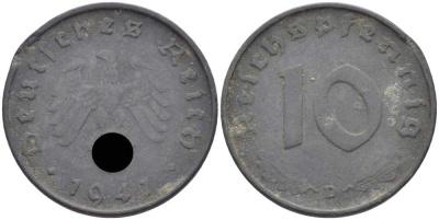 ГЕРМАНИЯ 10 РЕЙХСПФЕННИГОВ 1941 D KM 101, J. 371 цинк 4401-731
