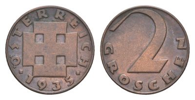 Австрия 2 гроша 1935 KM 2837 бронза 4564-531