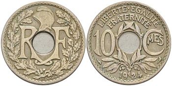 ФРАНЦИЯ 10 САНТИМОВ 1924 ТИП ЛИНДАЙЁ KM 866а, LE FRANC 138.10 медно-никель 202-114