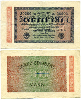 Германия 20000 марок 1923 20 февраля 1923, водянной знак L Pick 85 а  бумага   435-55-2-1