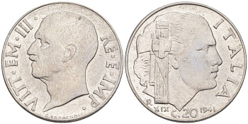 ИТАЛИЯ 20 ЧЕНТЕЗИМО 1941 R, ГОД XIX, ВИКТОР ЭММАНУИЛ III (1900-1946) KM 75b, VEM3. 1028 нержавеющая сталь 3853-615