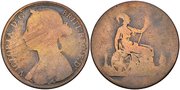 Великобритания 1 пенни ND (1874-1894) Виктория (1837-1901) KM 755, Spink 3954 бронза  4149-416