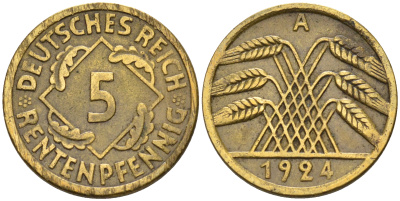 Германия 5 рентенпфеннигов 1924 A KM 32, J.308 алюминиевая бронза 4594-855