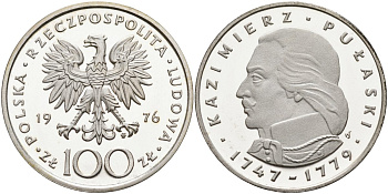 Польша 100 злотых 1976 MW, Казимир Пулавский (1747-1779), в оригинальной упаковке KM 84, Parchimowicz 275 серебро PROOF 1097-1-33