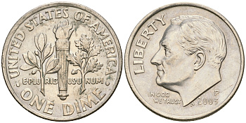 США 1 дайм - 10 центов 2003 P, Рузвельт KM 195а медь плакированная медно-никелем    4608-646