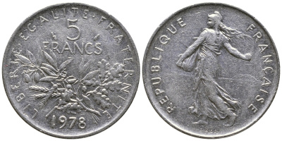 ФРАНЦИЯ 5 ФРАНКОВ 1978 СЕЯТЕЛЬ KM 926a.1, LE FRANC 341.10 медно-никель плакированный никелем 36-213