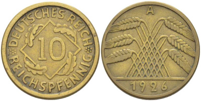 ГЕРМАНИЯ 10 РЕЙХСПФЕННИГОВ 1926 A KM 40, J. 317, Weege 9 алюминиевая бронза 210-353