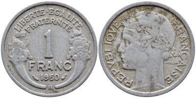 ФРАНЦИЯ 1 ФРАНК 1950 В KM 885а.2 алюминий 4397-657