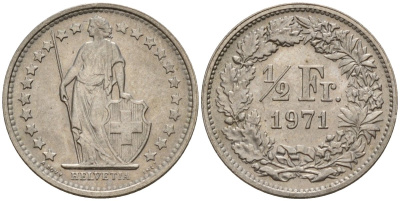 Швейцария 1/2 франка 1971 KM 23a медно-никель 4189-443