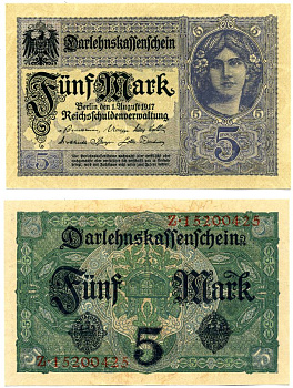 Германия 5 марок 1917 1 августа 1917, Берлин, серия Z № 152004++, 8 ЗНАЧНЫЙ НОМЕР Pick 56b, Розенберг 54с бумага UNC (пресс) 8616-44-3
