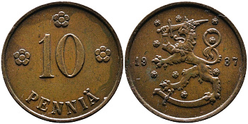 Финляндия 10 пенни 1937 республика (1918-1962) KM 24 медь 4388-845