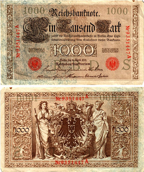 Германия 1000 марок 1910 Pick 44b бумага 7547-39-2-2