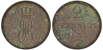 Ганновер 2 пфеннига 1845 B, Эрнст Август (1837-1851) KM 202.1, AKS 124, J. 75 медь 75-1823