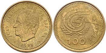 Испания 100 песет 1999 международный год пожилых людей, Хуан Карлос I (1975-2001) KM 1006 алюминиевая бронза 4597-211