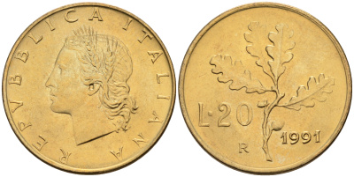 Италия 20 лир 1991 R, дубовый лист KM 97.2 алюминиевая бронза  UNC  4594-834