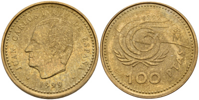 Испания 100 песет 1999 международный год пожилых людей, Хуан Карлос I (1975-2001) KM 1006 алюминиевая бронза 4597-211