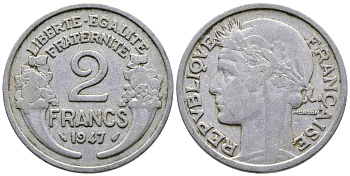 Франция 2 франка 1947  KM 886а.1 алюминий    4364-4134