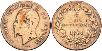 Италия 5 чентезимо 1861 М KM 3.2 медь    4142-437