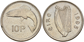 Ирландия 10 пенсов 1995 лосось KM 29 медно-никель 4141-316