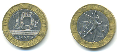 Франция 10 франков 1989 тип гений Бастилии KM 964.1, Le Franc 375.3 биметалл 176-1214