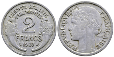 Франция 2 франка 1947  KM 886а.1 алюминий    4364-4134