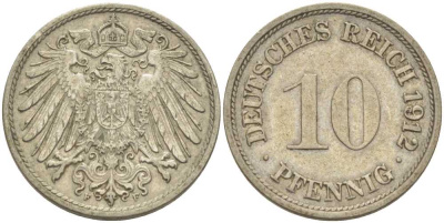 ГЕРМАНИЯ 10 ПФЕННИГОВ 1912 F KM 12, J. 13, Weege 8 медно-никель 212-223