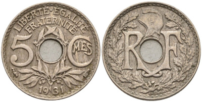 Франция 5 сантимов 1931 тип Линдайё KM 875, Le Franc 122.14 медно-никель 4596-618