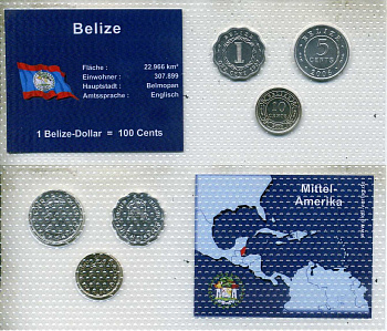 Белиз набор из 3 монет (1, 5 и 10 центов) 2000, 2006 и 2007 в красочном блистер, в запайке KM 33a, 34a и 35 UNC 4-3-2-59