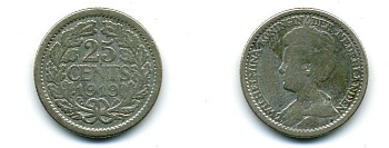 Нидерланды 25 центов 1919 Вильгельмина I (1890-1948) KM 146 серебро 46-225