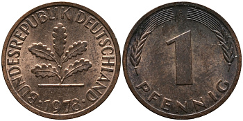 ФРГ 1 пфенниг 1978 F KM 105, J.380 сталь плакированная медью 99-341