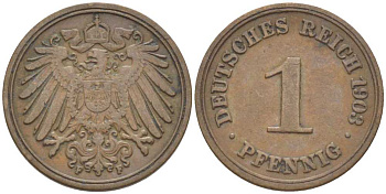 ГЕРМАНИЯ 1 ПФЕННИГ 1903 F KM 10, J. 10, Weege 2 медь 211-311
