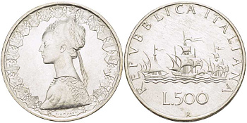 Италия 500 лир 1959 R, корабли Колумба KM 98 серебро 59-1515