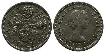 Великобритания 6 пенсов 1962 Елизавета II (1952-2022) KM 903, Spink 4149 медно-никель 4381-753