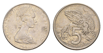 Новая Зеландия 5 центов 1981 Елизавета II (1952-2022), ящерица гаттерия KM 34.1 медно-никель 4178-345