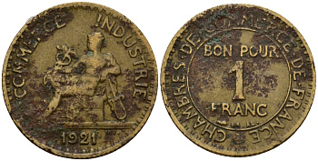 Франция 1 франк 1921 KM 876 алюминиевая бронза 4601-727