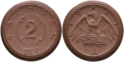 Саксония 2 марки 1921 J. N 56 фарфор 1094-2-34