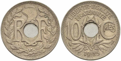 ФРАНЦИЯ 10 САНТИМОВ 1925 ТИП ЛИНДАЙЁ KM 866а, LE FRANC 138.12 медно-никель 108-146