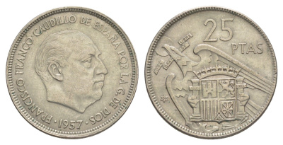 Испания 25 песет 1957 (64) Франсиско Франко (1939-1975) KM 787 медно-никель 4616-134