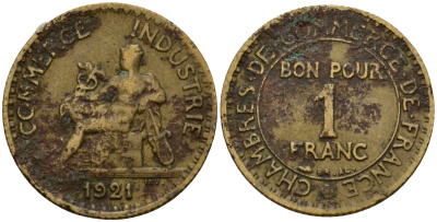 Франция 1 франк 1921 KM 876 алюминиевая бронза 4601-727