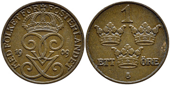 Швеция 1 эре 1909 Густав V (1907-1950) KM 777.2 бронза 4396-165