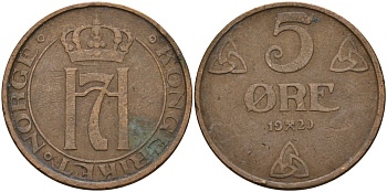 Норвегия 5 эре 1929 Хокон VII (1906 - 1957) KM 368 бронза 4148-237
