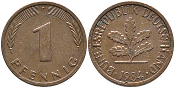 ФРГ 1 пфеннига 1984 F KM 105, J. 380 сталь плакированная медью 99-1259