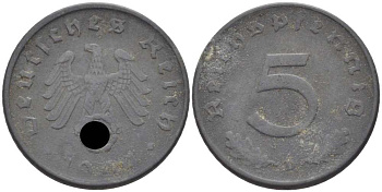ГЕРМАНИЯ 5 РЕЙХСПФЕННИГОВ 1944 D KM 100, J. 370 цинк 105-322
